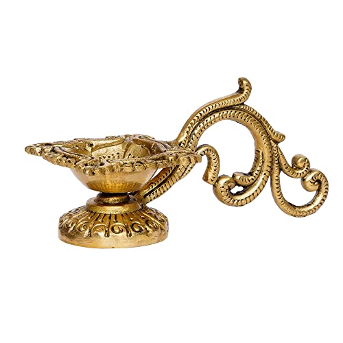 Image of eCraftIndia Ethnic Carved Brass Diya with 4 Wicks for Pooja Room and Temple, Gold, One Size (BDP504)