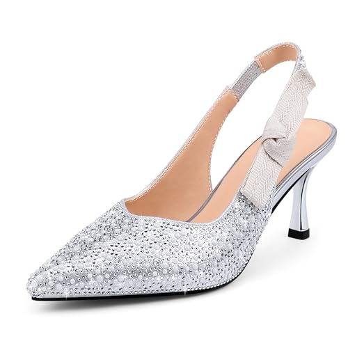 Women's Pointed Toe Slingback Heels Rhinestones Pearls Stiletto Kitten Heel Pumps Wedding Bridal Party Prom Shoes