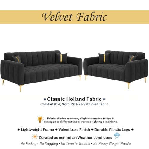 Image of FURNY Harmony 5 Seater Fabric 3+2 Sofa Set (Dark Grey) with Golden Finish Legs & Premium Velvet Finish | Durable & Comfortable | Ideal for Living Room