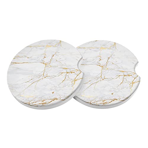 Car Coasters 2 Pack, Small 2.56" Stone Car Cupholder Absorbent Coaster Set for Women Men Drink Cup Holder Coasters (White Marble)