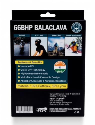 Image of 66BHP Balaclava Face Mask for Bikers - 95% Cotton Breathable Riding Mask for Men & Women, Anti-Dust Full Face Cover for Motorcycle, Biking, Cycling & Helmet Base Layer (Black)