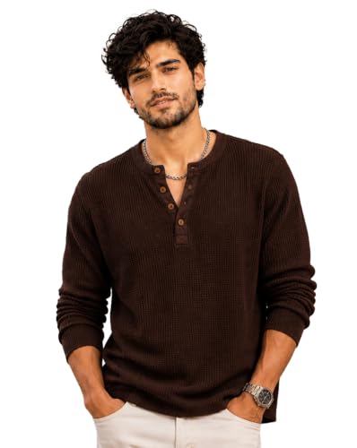 Image of AUSK Men's Waffle Knit Henley T-Shirt | Cotton Blend Full Sleeve Textured Casual T Shirt | Regular Fit Button Placket Round Neck Tshirt for Men