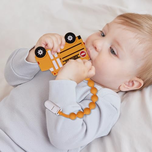 Image of Baby Food Grade Silicone Carrier Vehicle Teether Toy with Pacifier Clip Holder,Teething Toys Gift Set for 3 Months+ Boys and Girls,Freezer Safe,BPA Free.(Garbage Truck)