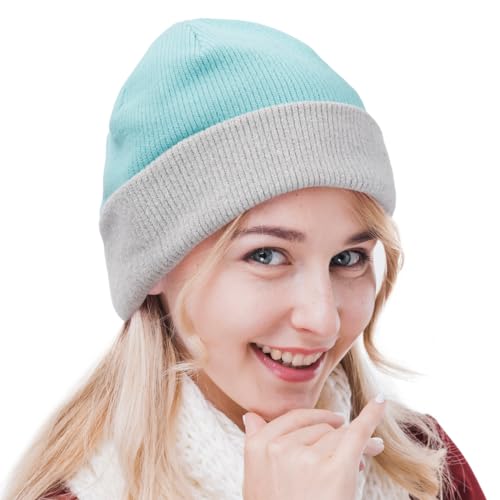 HISSHE Women's Slouchy Beanie Knit Beret Skull Cap Baggy Winter Summer Hat B08w (Turnup Blue/Grey)