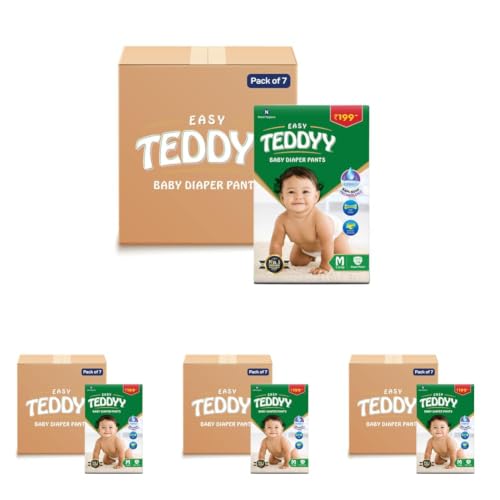 Image of TEDDYY Easy Baby M Size Diaper Pant Style | 98 Count (Medium) | 7-12 kg (Pack of 28) | Long Protection Hours | Anti-Bacterial | Airy Breathable Fit | Rapid Soaker Channels with Wetness Indicator