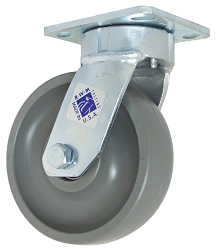 RWM Casters 65 Series Plate Caster, Swivel, Kingpinless, Elastomer Wheel, Ball Bearing, 1500 lbs Capacity, 6" Wheel Dia, 2" Wheel Width, 7-1/2" Mount Height, 4-1/2" Plate Length, 4...