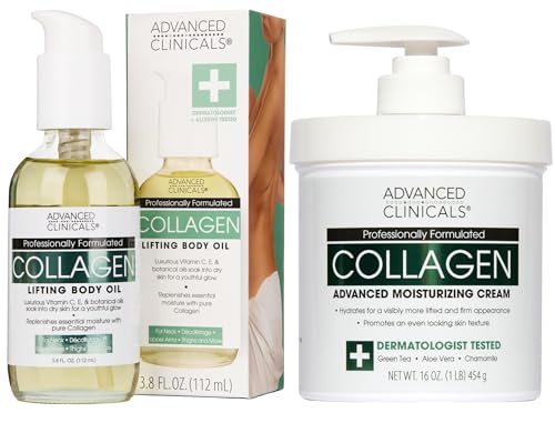 Image of Advanced Clinicals Unscented Collagen Cream Face Moisturizer & Body Lotion + Collagen Body Oil Skincare 2pc Set For Women & Men Helps Reduce Appearance Of Crepey Skin, Wrinkles, & Dry Skin, 2PC Set