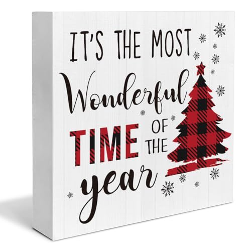 Rustic Christmas Decorations, It's the Most Wonderful Time of the Year Wooden Sign, Christmas Tree Wooden Block Sign, Xmas Decorations, Home Decor for Table Shelf 5 x 5 Inch