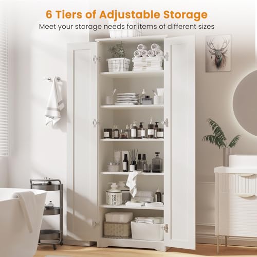 70 Tall White Storage Pantry Cabinet with 2 Doors and 6 Adjustable Shelves for Kitchen and Bathroom