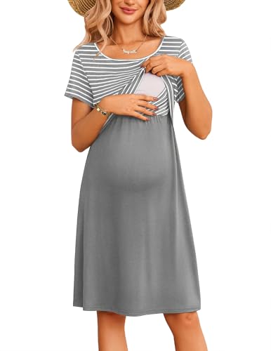 Ekouaer Vestido Premamá de Lactancia para Mujer en Capas Mangas Cortas Verano Vestido Embarazada, Gris Rayado, M
