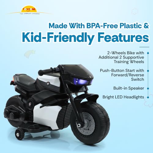 Image of Toyzone Charlie Mini Electric Bike (Black & White) | 6V Rechargeable Bike with 4.5Ah Battery | LED Lights, Music | Smooth Acceleration | 6M Battery Warranty | Age 1.5-4 Years, Upto 30 kg