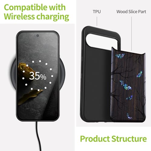 Coque Pixel 9 Pro bois et incrustation coquille étui unique - 4