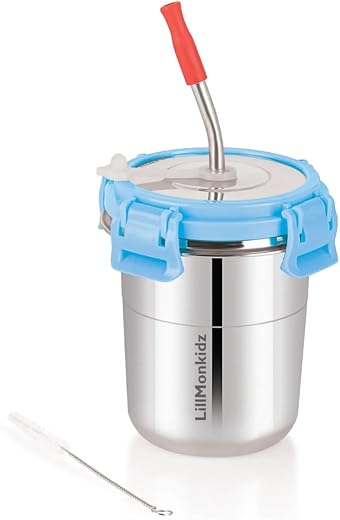 LiLLMONKiDZ Stainless Steel Tumbler for Kids 300ml Sky Blue, Leak Proof Glass Tumbler with Lid, 1 Straw & 1 Cleaning Brus...