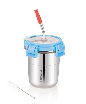 LiLLMONKiDZ Stainless Steel Tumbler for Kids 300ml Sky Blue, Leak Proof Glass Tumbler with Lid, 1 Straw & 1 Cleaning Bru