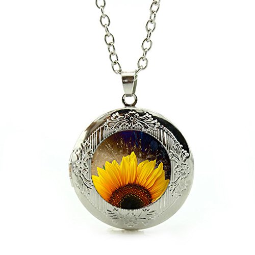Women's Custom Locket Closure Pendant Necklace Sunflower Flower Included Free Silver Chain, Best Gift Set