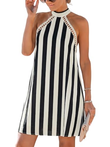 Image of CUPSHE Women Lace Trim Summer Dress Halter High Neck with Tie Backless A Line Lining Casual Sundress Holiday Mini Dress