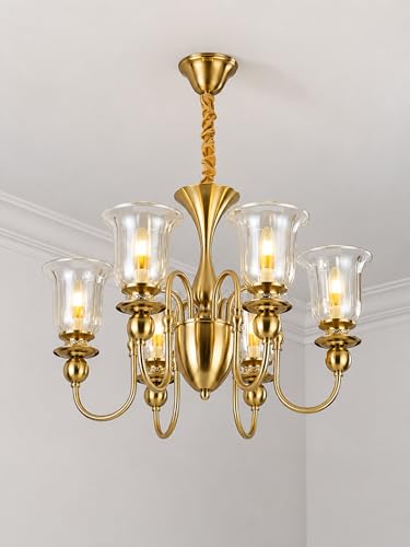 Image of Italian Chandelier Light, 6 Light Champagne Glass, Brass Finish for Dining Hall, Drawing Room, Lobby, Hall, Cafe, Hotel with 6 Filament Bulbs, Gold