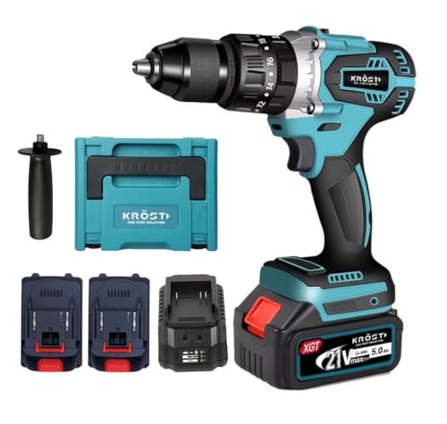 Image of KROST Pro Series 21V(37V MAX) Cordless Brushless Hammer Drill Machine,13mm Metal Chuck With 2x5.0Ah Li-ion Batteries And 1pc Fast Charger (Impact Drill)