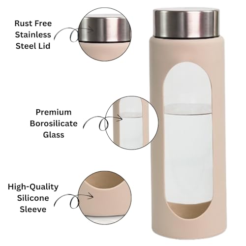 Image of Glassbunny Glass Drinking Bottle with Leakproof Stainless Steel Cap and Cover, Reusable Juice Bottles Beverage Drinkware, to Go Travel Bottles for Drink 750ML