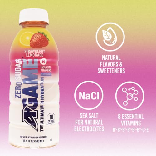 A-Game Zero Sugar Sports Drink, Strawberry Lemonade Zero, Sugar Free Hydration Sports Beverage, 8 Vitamins Plus Electrolytes, Natural Flavors, Gluten Free & Keto Friendly, 16.9 Fl Oz (Pack of 12)