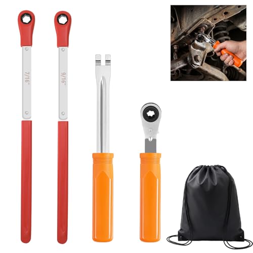 ElaraBerry 4 Pcs Automatic Slack Adjuster Release Tool Set Includes 7/16 9/16 5/16 Double Square Ratcheting Wrench and Fork End Release Tool for Air Brake System Adjustment(Orange)