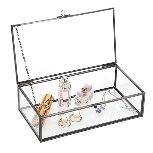TOLIDA Caja grande con tapa de cristal vintage – Expositor rectangular de joyería para anillos, pulseras, collares – Almacenamiento de mesa (negro)