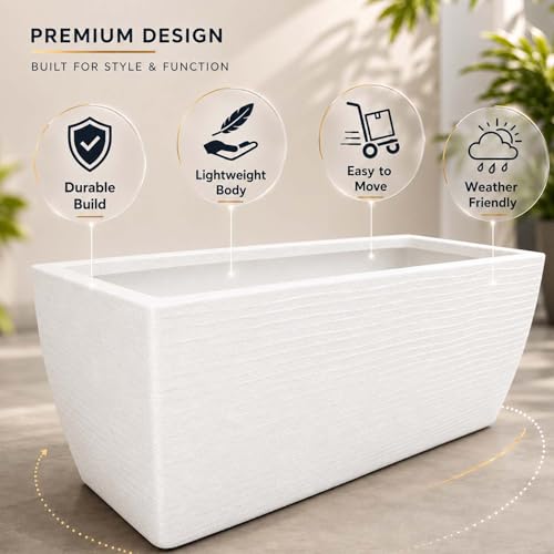 Image of Go Hooked Rectangular Leios Planter Pot 24x11 Inch | Marble Ribbed Design Plastic Flower Pot for Indoor Outdoor Garden Balcony Terrace Living Room | Decorative Long Plant Container with Drainage Hole