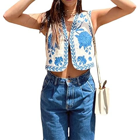 Mioliknya Women Embroidered Floral Vest Top Vintage Sleeveless Linen Open Front Cardigan Cropped Vest Shirt (A-Blue, M) Cover
