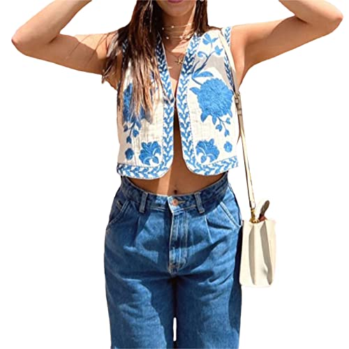 Women Embroidered Floral Vest Top Vintage Sleeveless Linen Open Front Cardigan Cropped Vest Shirt