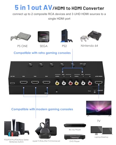 Image of 2-in-1 HDMI & AV Switcher - Play PS5 & Retro Games on 1 TV, 3 HDMI 2.0 (4K HDR) + 2 RCA Inputs - Supports Xbox Series X /Switch /Wii /PS2 /N64 - HDCP 2.2, 3D, 4:3 /16:9 Toggle