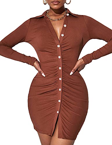 Iqreeny Women Sexy Bodycon Dress Button Down Long Sleeve Ruched Dress Collared Party Club Shirt Dresses Caramel S #TOP23