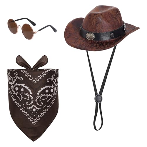 Haakong Cowboy Costume Set for Small Dog Cat Pet Mini Cowboy Hat Sunglasses with Bandana for Halloween Holiday Party Cosplay