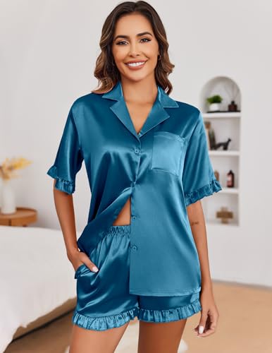 Image of Ekouaer Satin Pajama Set for Women 2 Piece Pj Sets Short Sleeve Sleepwear | Super Soft Silky Summer Loungewear Set with Ruffle Short Sleeve Top and Pocket Shorts, Casual Travel Daily Gift