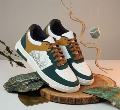 Image of Men's Sneakers, White and Green, Lace-Up, Dragon Print, Low-Top Casual Shoes