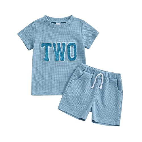 Lamuusaa Toddler Baby Boy Birthday Outfit One/Two Letter Embroidery T-shirt Jogger Shorts Waffle Summer Clothes (Blue Two 2-3 Years)