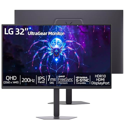 Image of LG 32 inch Ultragear Monitor, QHD IPS Display, 200Hz, 1ms GtG, G-SYNC Compatible, AMD FreeSync Premium, 99% sRGB, HDR10, HDMI 2.0, Display Port 1.4, Ergonomic Height /Tilt /Pivot /Swivel Adjustable Stand