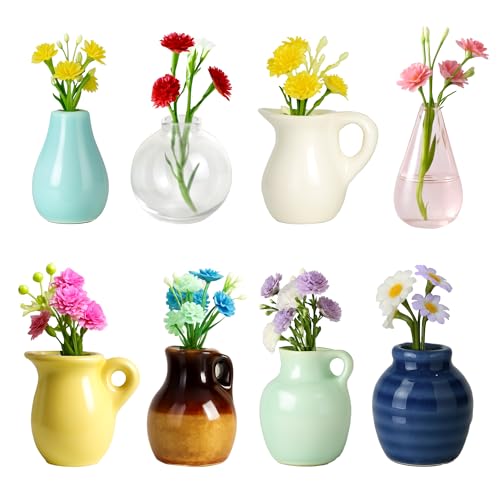 Renmxj Mini Ceramic Vase Magnets for Fridge, Cute Tiny Plant Vase Fridge Magnets for Kitchen Refrigerator Office Locker Decoration with Flowers (8 Pack)