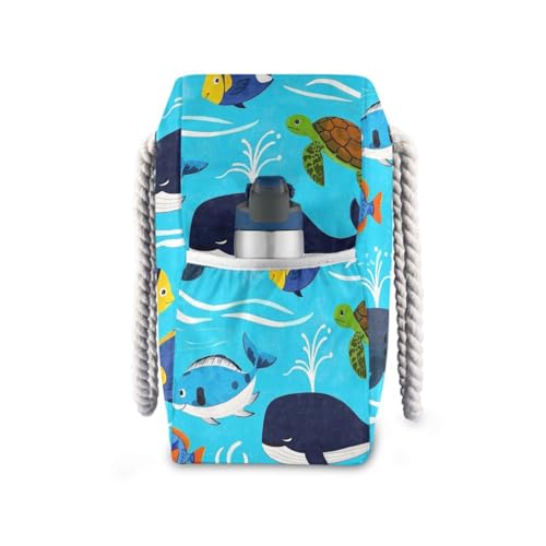 Ocean Whale Turtle Fish Blue Sea Portable foldable beach bag for travel with zipper tote bags for women Travel Essentials Beach Gifts Birthday Gifts for Women3