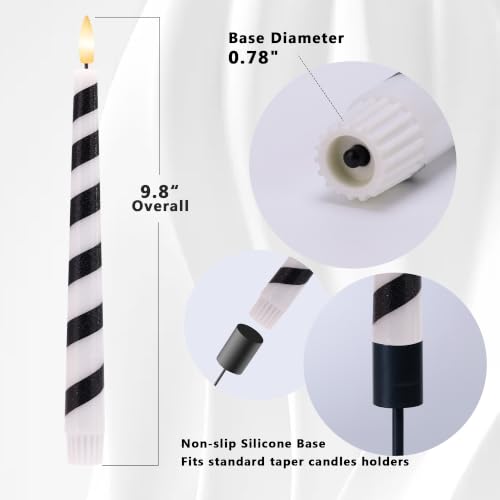 Image of Halloween Taper Candles Striped, Black and White Flameless Candles 3 Pack | Flickering LED Candlesticks with Remote and Timer, Warm 3D Wick Light, Home Table Mantel Party Festival Decor 9.6 Inches