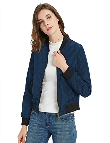 SUNDAY ROSE Women Short Bomber Jacket Solid Lightweight Zip Up Windbreaker with Pocket,Navy,Medium