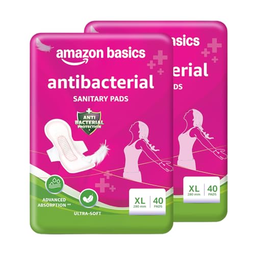 Image of Amazon Basics Anti-Bacterial Sanitary Pads for Women XL | 280 mm Extra Coverage | Ultra-Absorbent Core | Soft & Comfortable Surface | Wings for Secure Fit | Medium to Heavy Flow Protection| 80 Count (40 X Pack of 2)