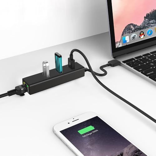 USB-C to Ethernet Adapter, 3-Port USB 3.0 Hub with Gigabit Ethernet, Aluminum USB to RJ45 LAN Network Converter 10/100/1000 Mbps for MacBook, Laptop — view 5