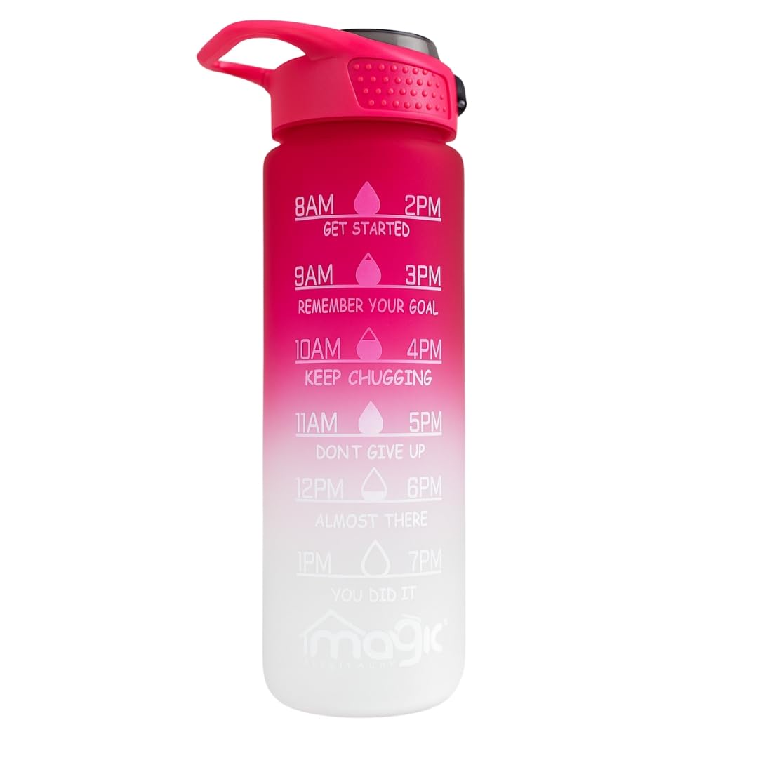 Motivational Water Bottle with Time Marker & Straw Lid – 32oz/1L Gradient Pink – BPA-Free, Leakproof Sports Bottle for Fitness, Gym, Office & Daily Hydration