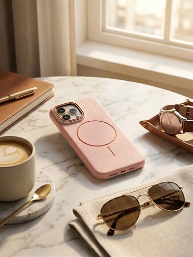 Image of amazon basics Luxury MagSafe Compatible Leather Texture Back Cover for iPhone 11 | Raised Camera Protection | Slim Fit Shockproof Case with Metallic Accents (Pink)