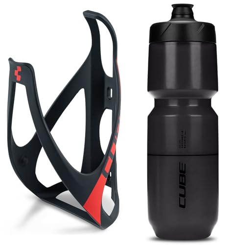 Cube HPP Cage - Matt Black/Red & Flow Bottle - Black, 750ml / Water Drink Flask Vessel Bidon Holder Mount Bracket Kit Lightweight Plastic Drinking Hydration Biking Bike Riding Frame Accessories
