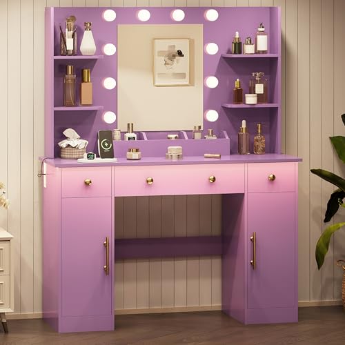 Image of HUANLEGO Vanity Desk with Mirror and Lights, Makeup Vanity with Mirror and LED Lights & Power Outlet, 3 Drawers and Cabinets, 3 Lighting Modes Dressing Table Set for Girls Women Bedroom,Purple