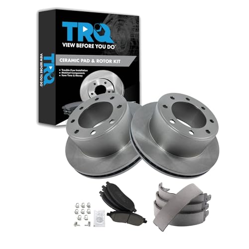 Image of TRQ Rear Brake Pad & Rotor Kit Parking Brake Shoe Set Ceramic Compatible with 2005-2007 Ford F-250 Super Duty F-350 Super Duty