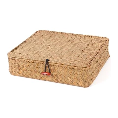 Moosky Flat Wicker Shelf Baskets with Lid, Seagrass Woven Basket Boxes for Storage Basket Bins Multipurpose Home Decor Organizer (Natural Small) Cover