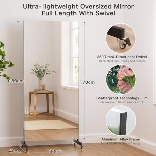 Brisafe Fitness Mirror 360° Swivel with Wheels, 80 x 170 cm Full-Length Mirror, Movable for Yoga, Nanomaterial, Super Lightweight, Unbreakable Standing Mirror, Therapy, Dressing, Black