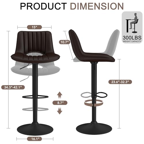Butacos giratorios LSSBOUGHT, juego de 2 unidades, modernos y ajustables con respaldo abierto, sillas de barra de cuero sintético con elevación neumática para cocina y bar en casa, color marrón miniatura 2